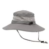 A wide-brimmed gray hat with a mesh ventilation band and an adjustable chin strap.