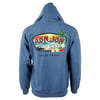 Blue hoodie featuring a Ron Jon Surf Shop graphic with palm trees and flowers, and Cocoa Beach text.