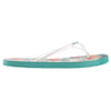 Side view of a flip-flop with a turquoise sole, white straps, and a multicolored patterned footbed.