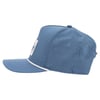 Light blue baseball cap with a flat brim, white trim on the brim, perforated side and back panels, and a rectangular front patch.