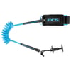 Coiled blue bodyboard leash with a black padded bicep strap labeled FCS and a black plastic attachment plug.