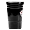 A black ceramic cup with three horizontal ridges near the rim and a partial sticker or logo visible on the side.