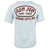 A light blue T-shirt with a large “Ron Jon Surf Shop Ocean City, MD” logo printed on the back in white, red, and black.