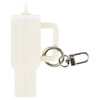 A hot cream water bottle keychain with a handle, attached key ring, and small drinking spout at the top.
