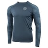 Long-sleeve, dark blue rash guard with leaf-patterned sleeves and a small circular logo on the chest.
