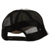 Back view of a black and white mesh trucker cap with an adjustable strap.