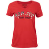 A red V-neck T-shirt with the text Ron Jon Surf Shop and two star graphics on the front.