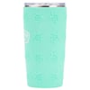 A turquoise tumbler with a stainless steel rim, decorated with a raised turtle pattern and a partial logo on the upper left side.