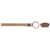 A gold-toned metal keychain with a textured rhinestone surface and an attached keyring featuring a small, flat, dark brown fob.