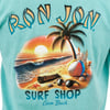 Illustration of a beach scene with sunset, palm tree, surfboard, sunglasses, beach ball, and starfish, with the text Ron Jon Surf Shop Cocoa Beach.