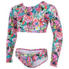 Colorful floral-patterned long-sleeve crop top and matching bikini bottom set.