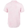 Back view of a short-sleeved pink shirt with a subtle tropical pattern, featuring a collar and button-up design.