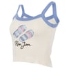 A cream crop top with light blue straps, featuring a graphic of flip-flops and the text Ron Jon printed on the front.