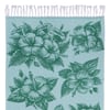 A light blue towel with white fringe features a pattern of large, green hibiscus flowers and leaves.