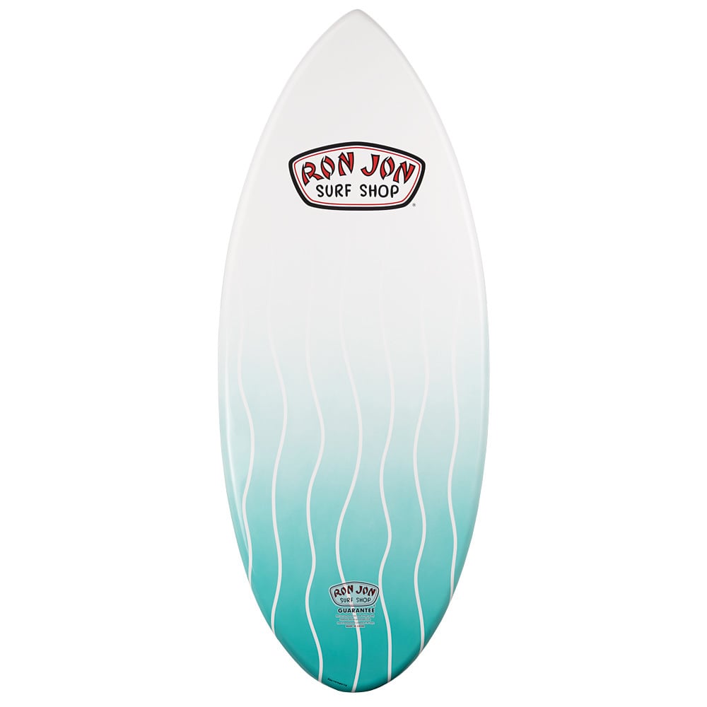 A white and turquoise skimboard with a Ron Jon Surf Shop logo at the top and curving white lines running vertically down the board.