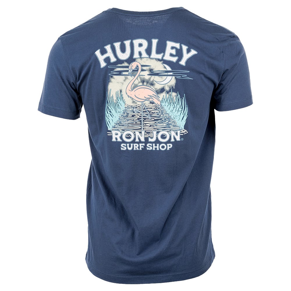 Navy blue t-shirt featuring a flamingo, moon, and water design on the back with text Hurley Ron Jon Surf Shop.