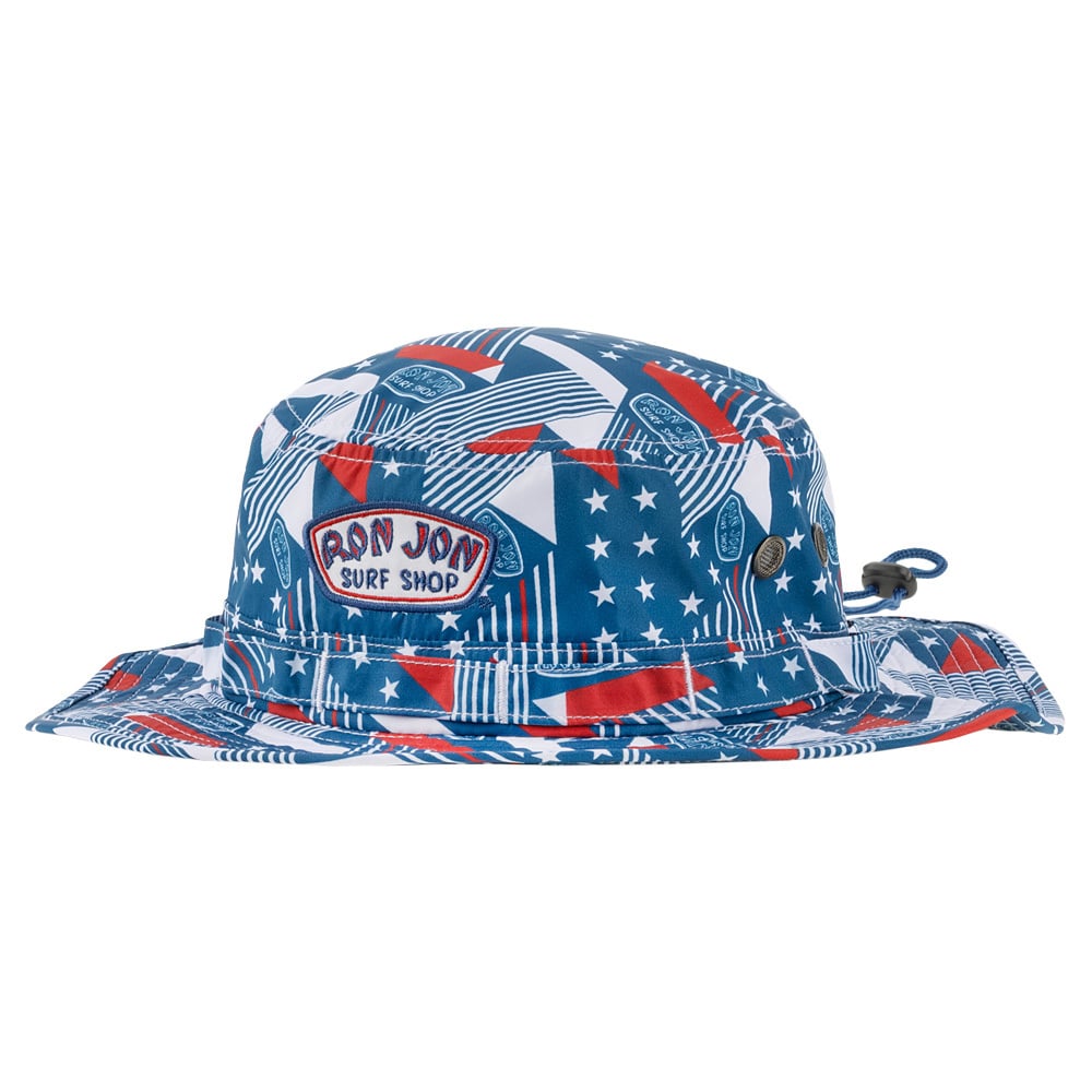 Blue bucket hat with red, white, and blue patterns, featuring a Ron Jon Surf Shop patch on the front and an adjustable cord at the back.