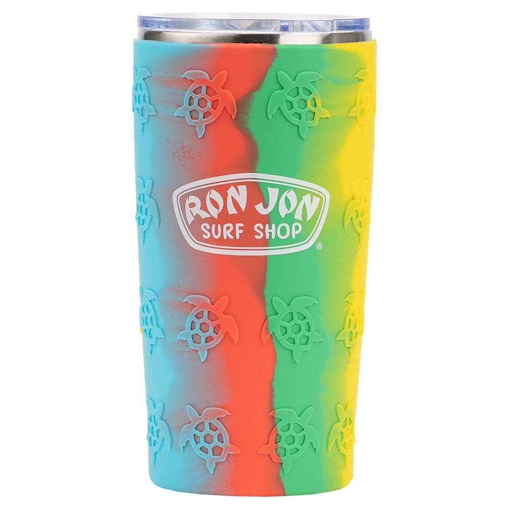 A colorful Ron Jon Surf Shop tumbler with embossed turtle designs and a clear lid, featuring red, yellow, blue, and green vertical stripes.