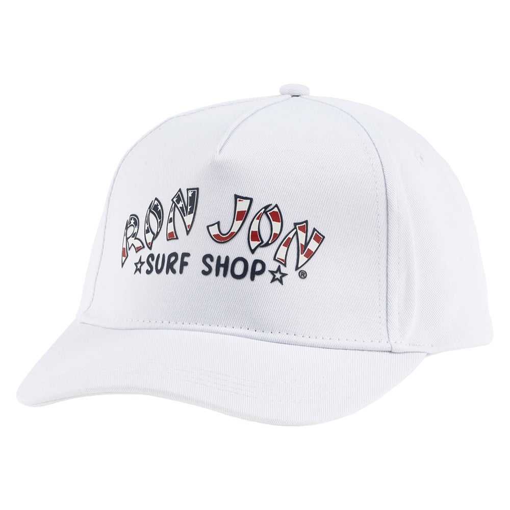 White baseball cap featuring the text Ron Jon Surf Shop on the front in bold, decorative letters with a curved brim and structured crown.