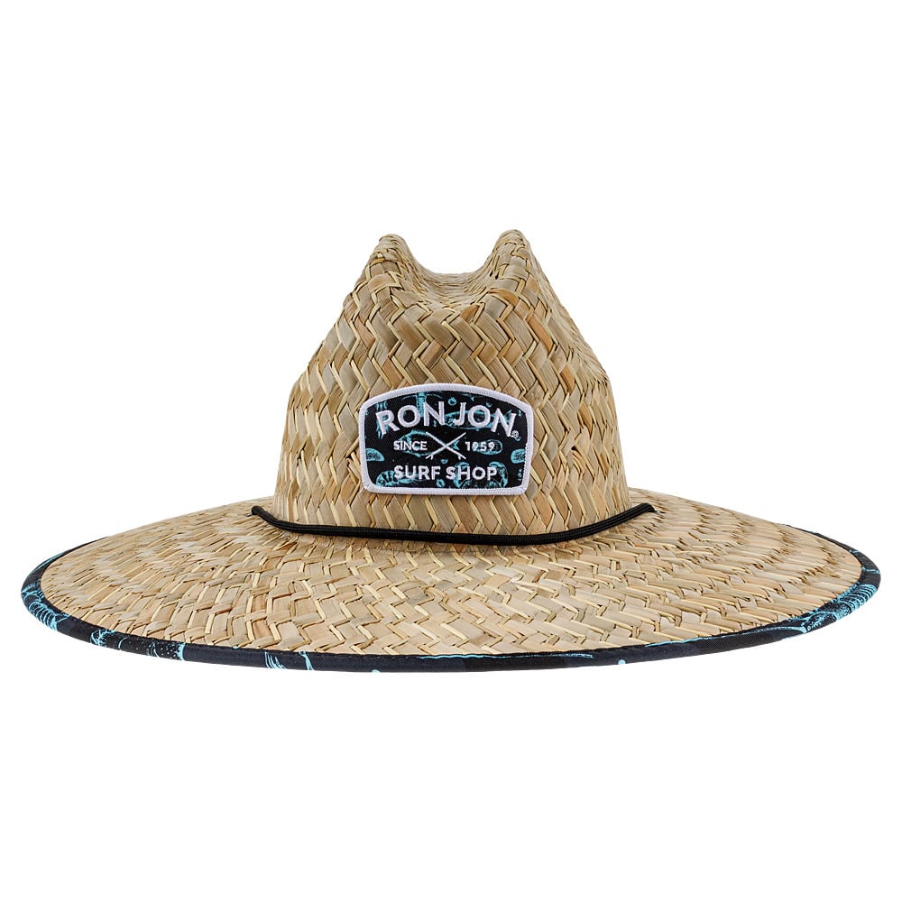 Straw hat with a wide brim and black trim, featuring a Ron Jon Surf Shop patch on the front.