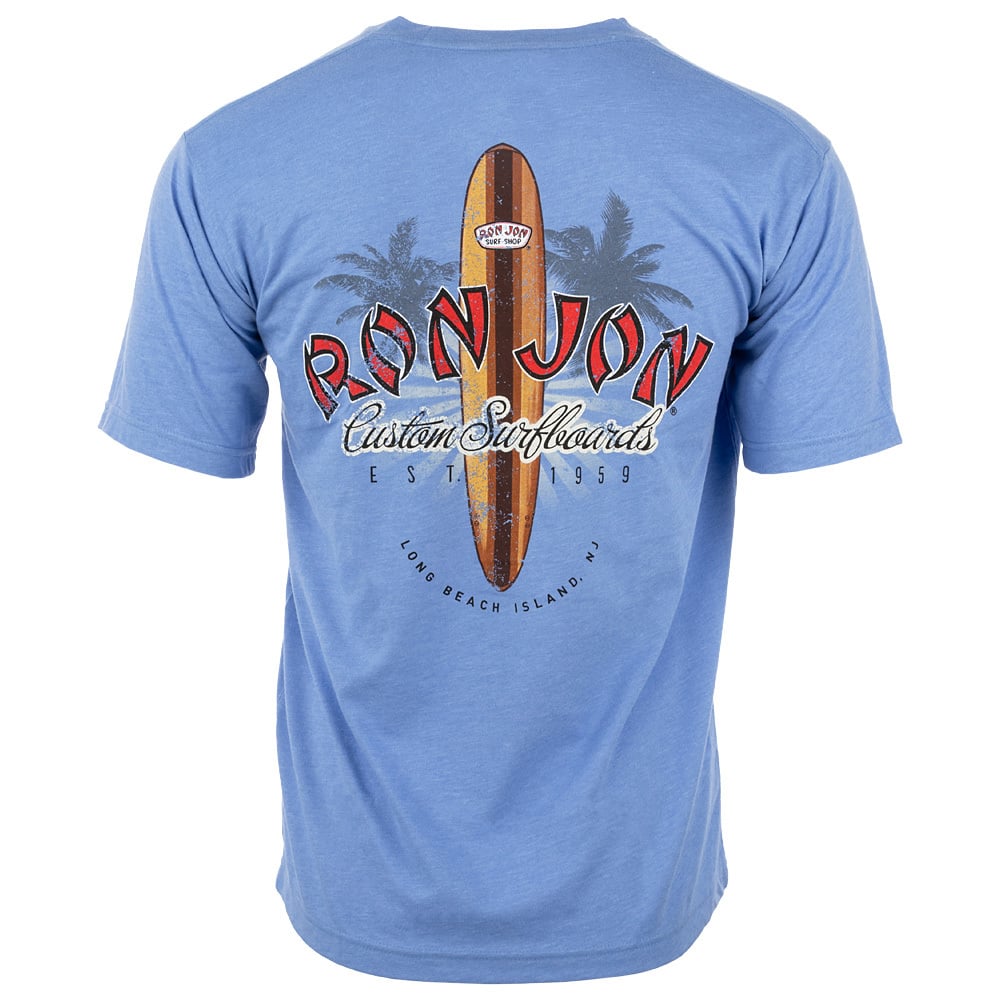 Blue T-shirt with “Ron Jon Custom Surfboards” text, a surfboard graphic, and palm trees printed on the back.