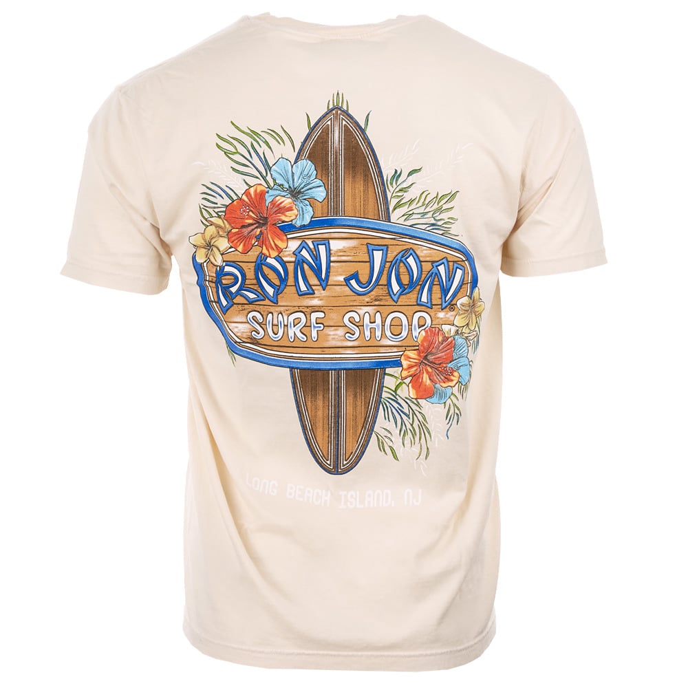 A beige t-shirt displays a surfboard, flowers, and the text Ron Jon Surf Shop, Long Beach Island, NJ on the back.
