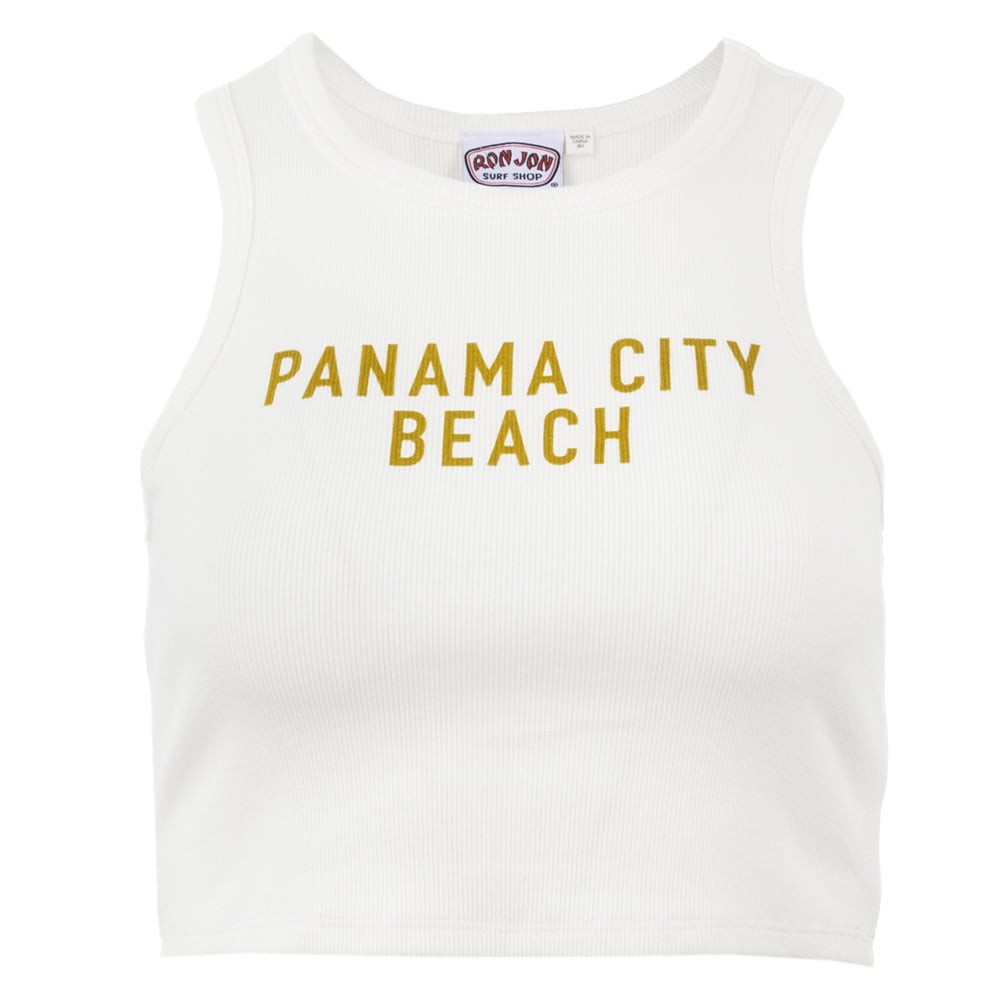 White ribbed crop tank top with PANAMA CITY BEACH printed in yellow capital letters on the front.