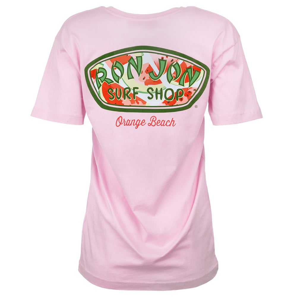 Pink t-shirt with a large Ron Jon Surf Shop, Orange Beach logo in green, red, and white on the back.