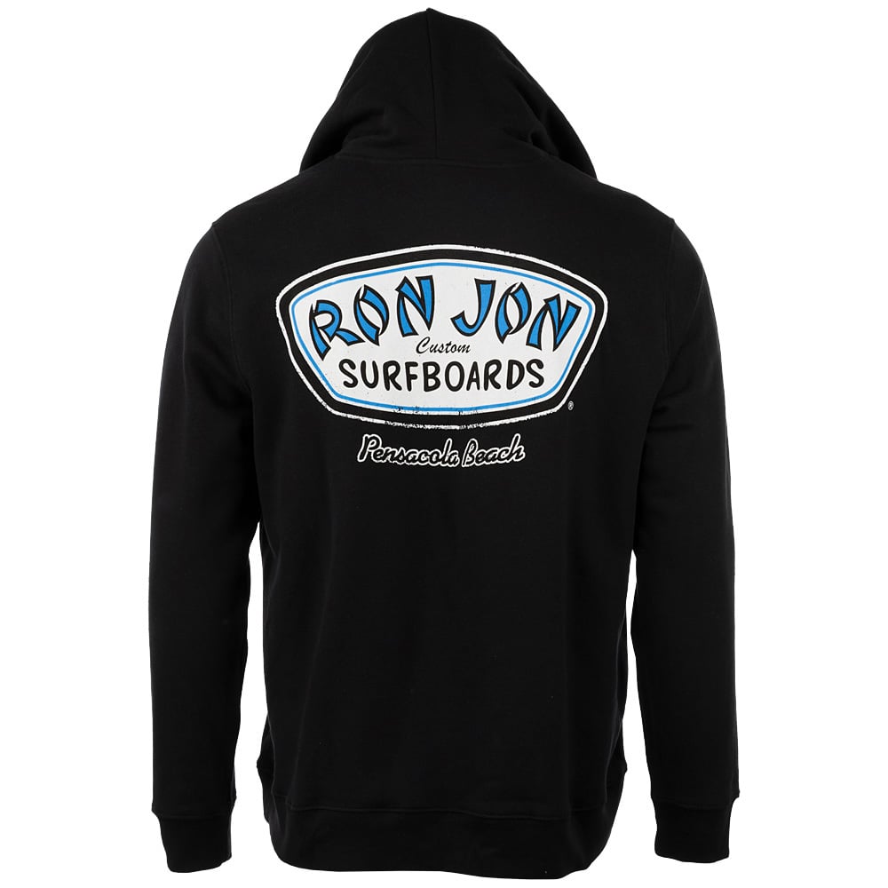 Back view of a black hoodie featuring a large Ron Jon Surfboards logo graphic with Pensacola Beach text at the bottom.