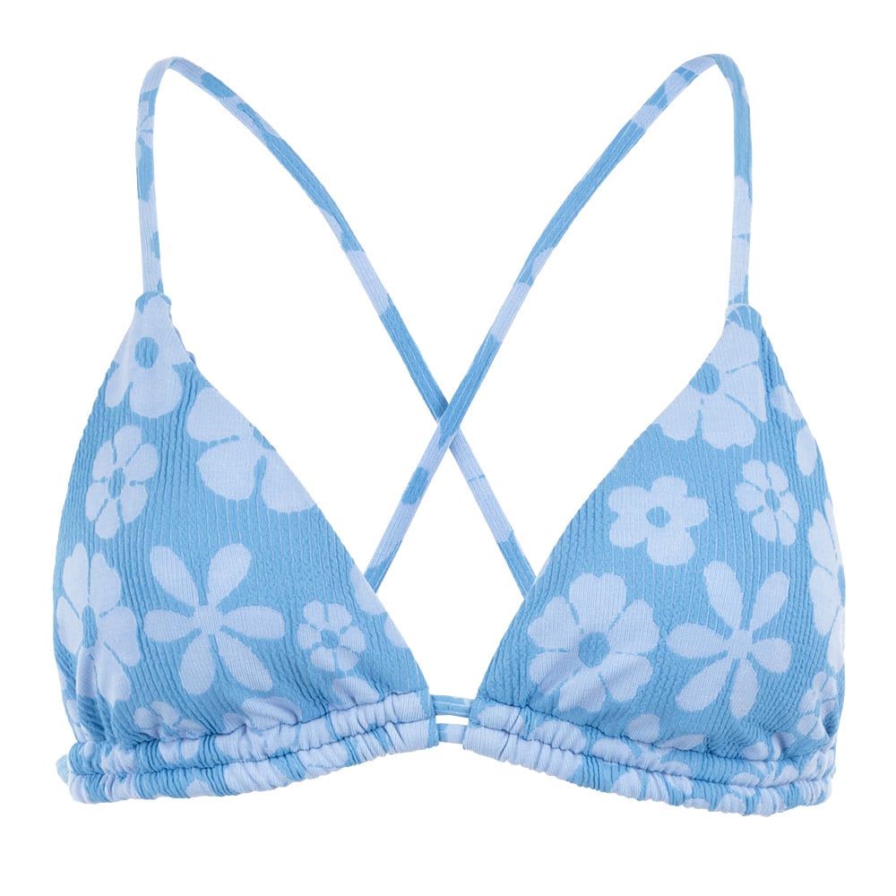 Light blue floral-patterned bikini top with thin crisscross straps and ruched band.