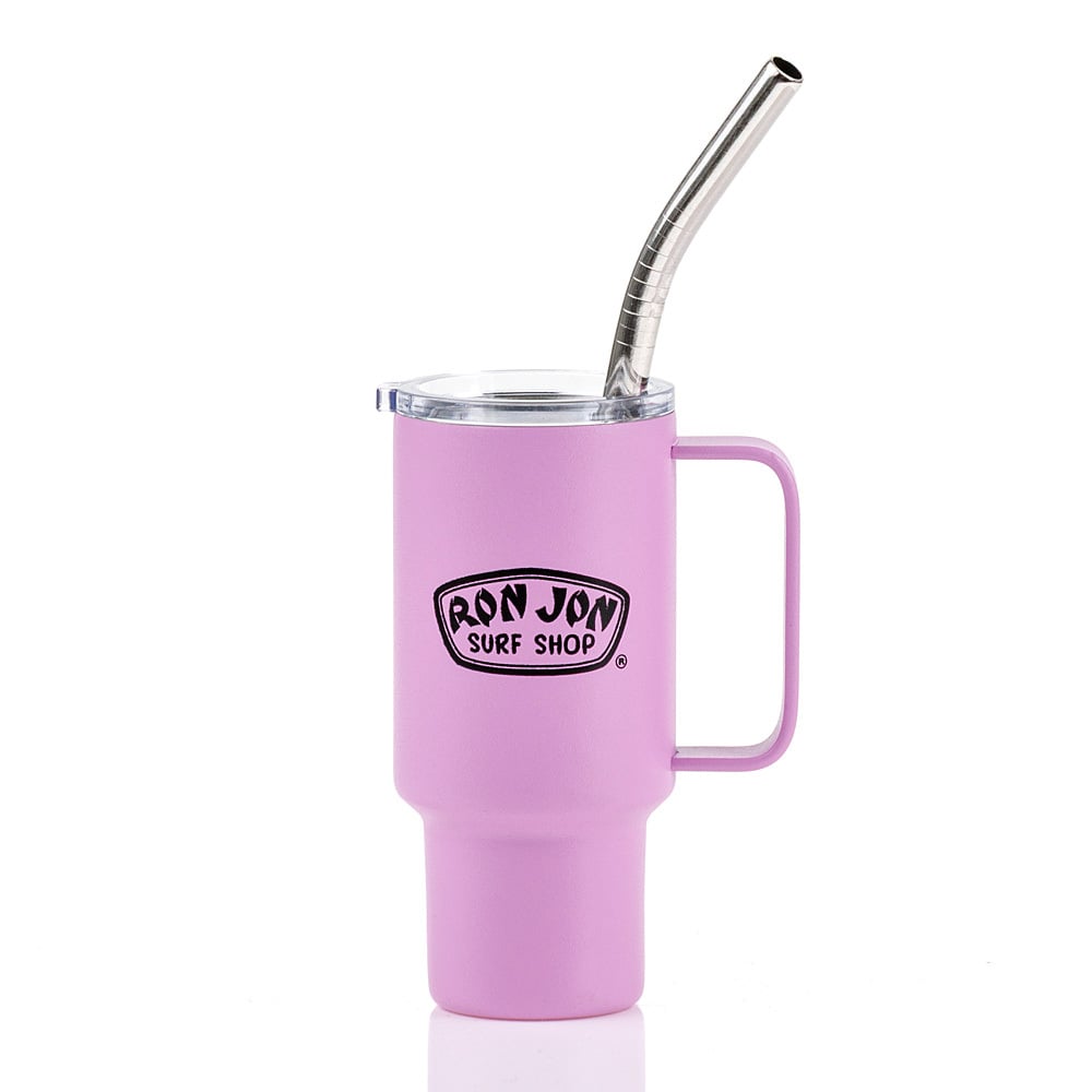 Pink travel mug with handle, clear lid, and bent metal straw. Features a Ron Jon Surf Shop logo on the front.