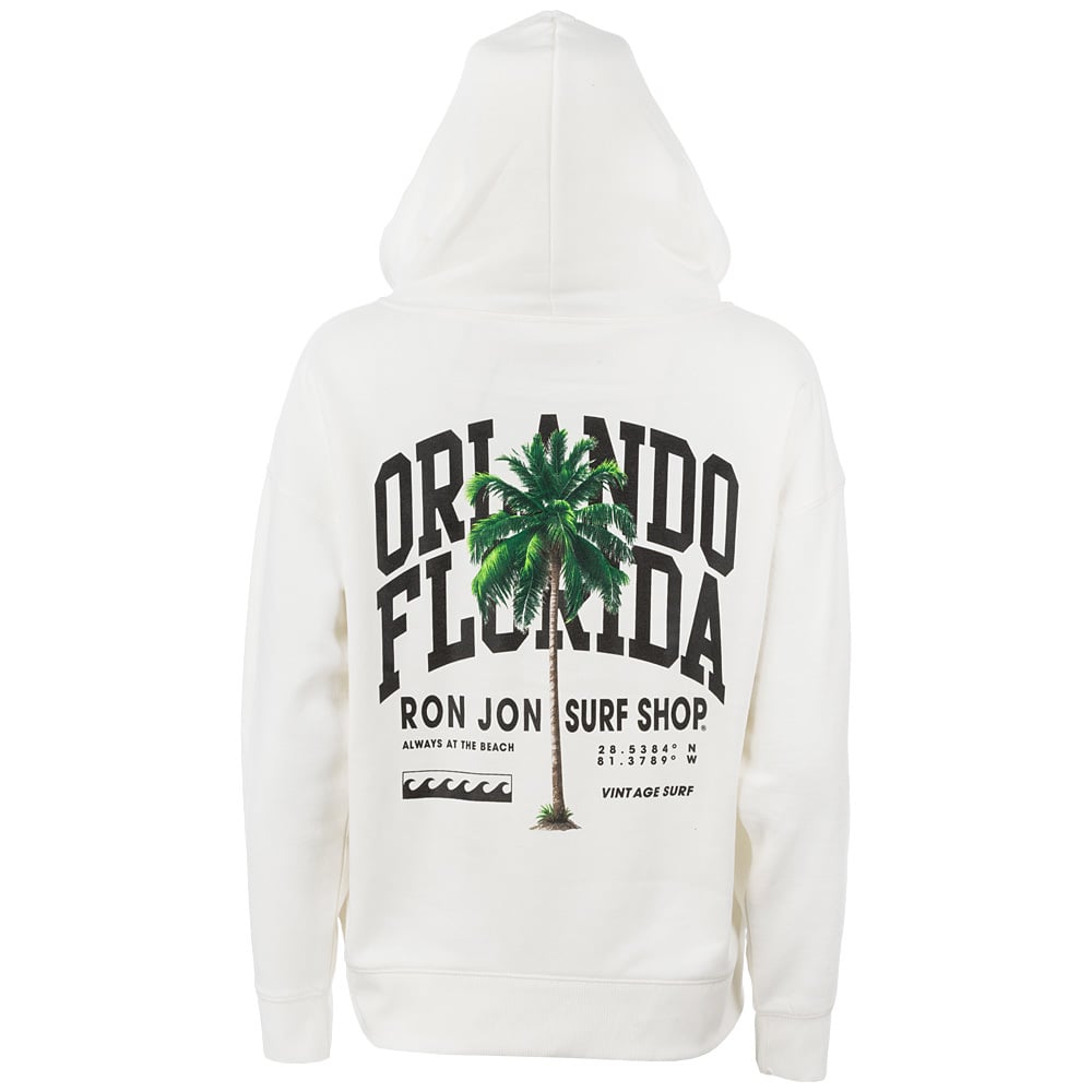 A white hoodie with a large graphic on the back featuring a palm tree and the text Orlando Florida Ron Jon Surf Shop along with additional smaller text.