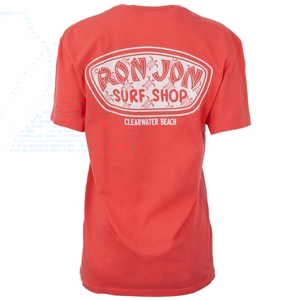 A red t-shirt with Ron Jon Surf Shop Clearwater Beach printed in white on the back.