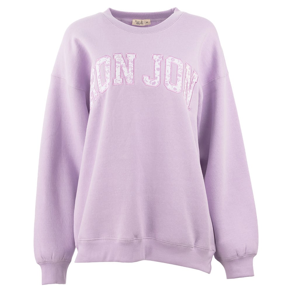 Lavender sweatshirt with RON JON text in white across the chest.