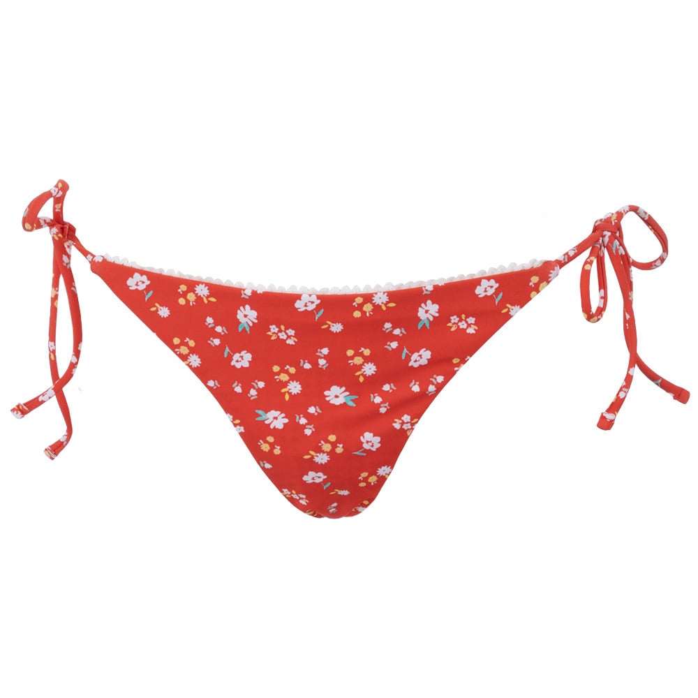 Red floral-patterned bikini bottom with side ties on a white background.