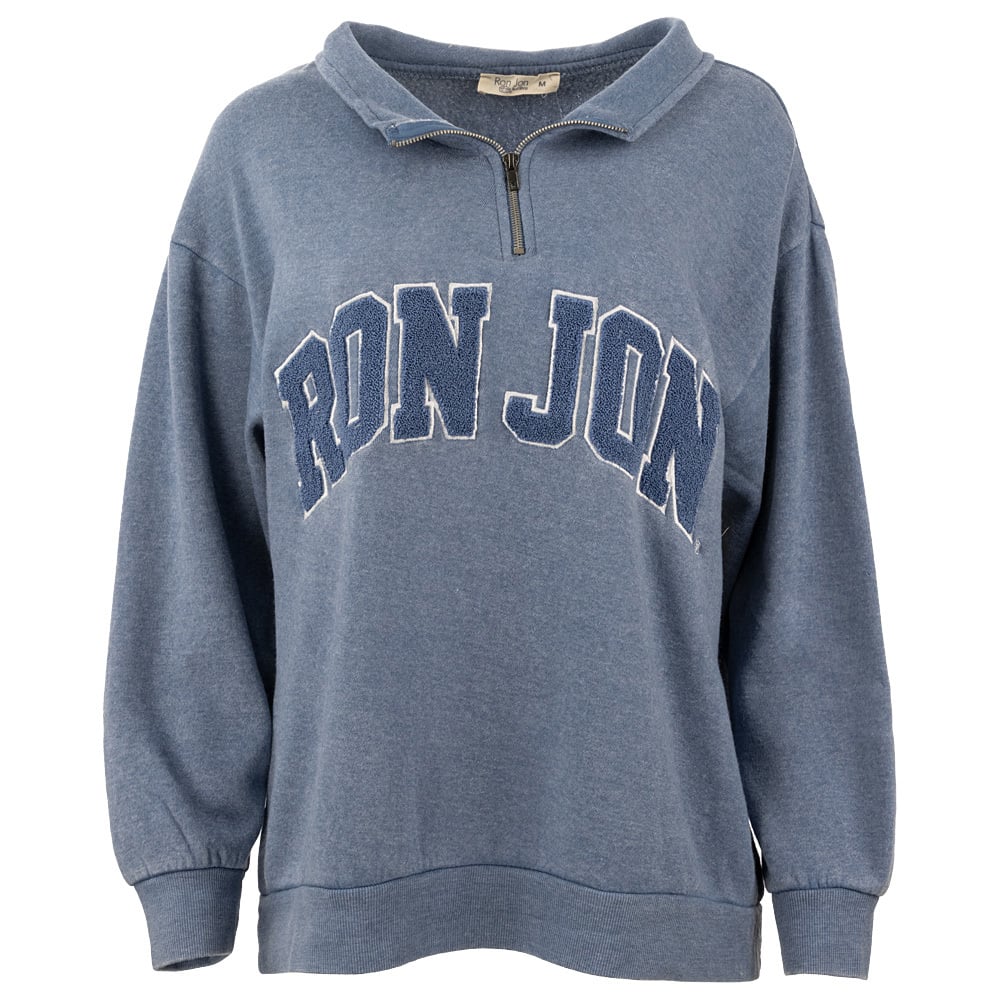 Blue Ron Jon sweatshirt with a half-zip collar and elastic cuffs, featuring large white and navy embroidered letters on the front.