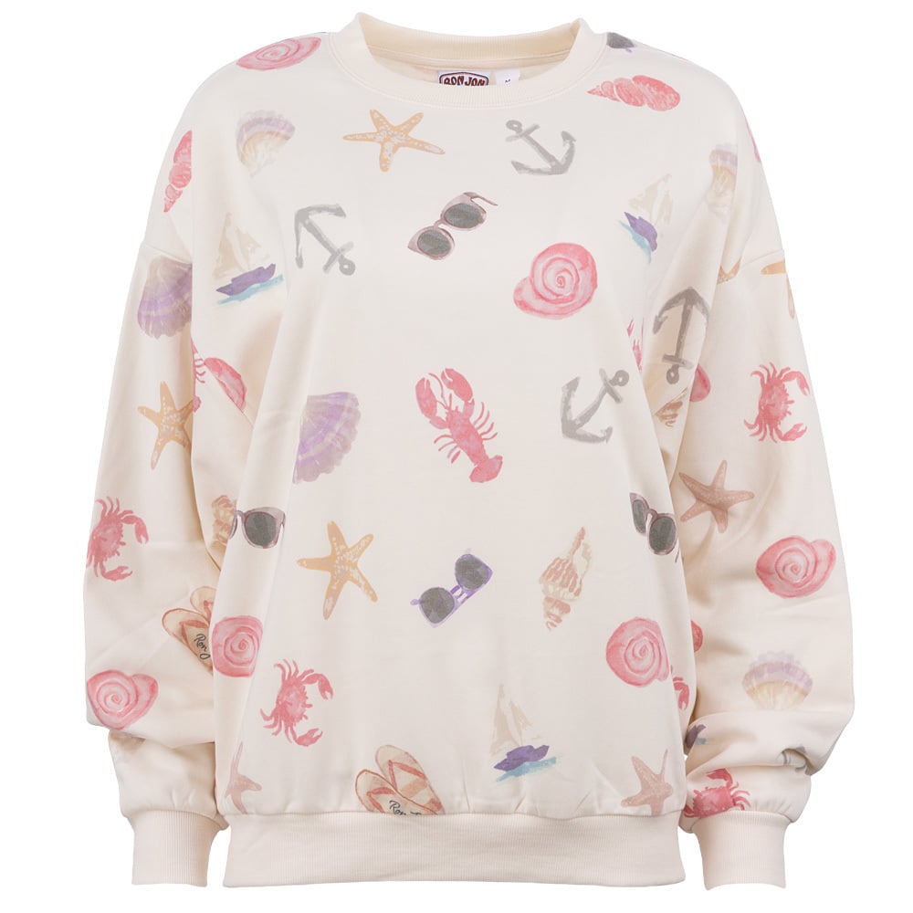 Beige sweatshirt featuring a pattern of anchors, sunglasses, crabs, heart shells, sailboats, starfish, and seashells in soft, pastel colors.
