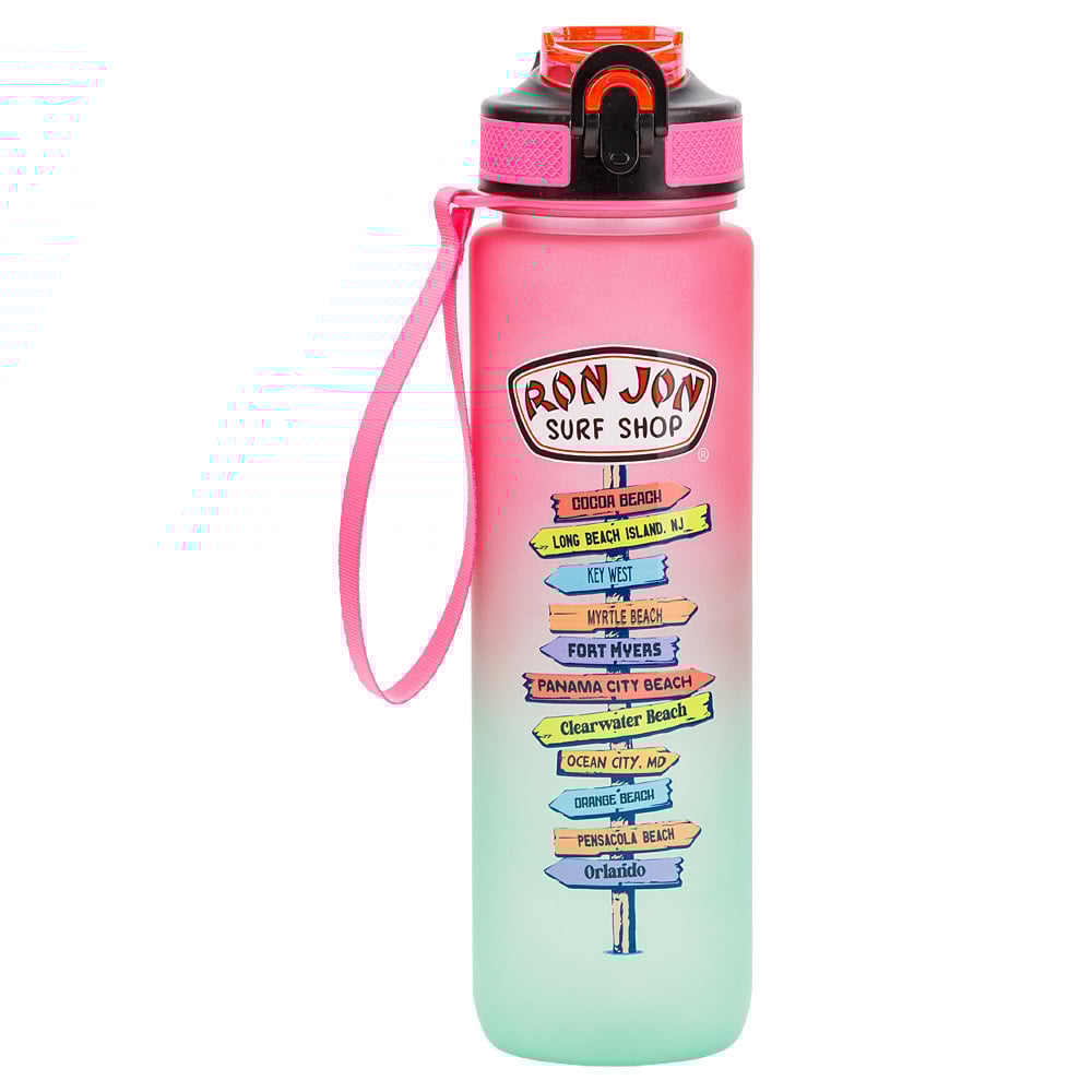 Gradient pink to green water bottle with Ron Jon Surf Shop logo and list of store locations. Pink strap attached to cap.