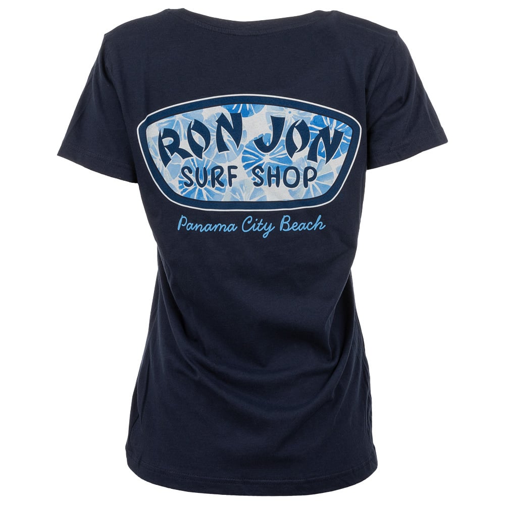 Navy blue T-shirt with Ron Jon Surf Shop Panama City Beach and a blue leaf pattern graphic on the back.