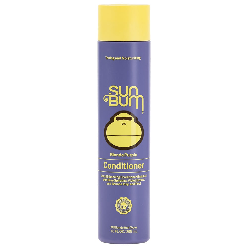 A bottle of Sun Bum Blonde Purple Conditioner with a purple and yellow label, designed for toning and moisturizing blonde hair.