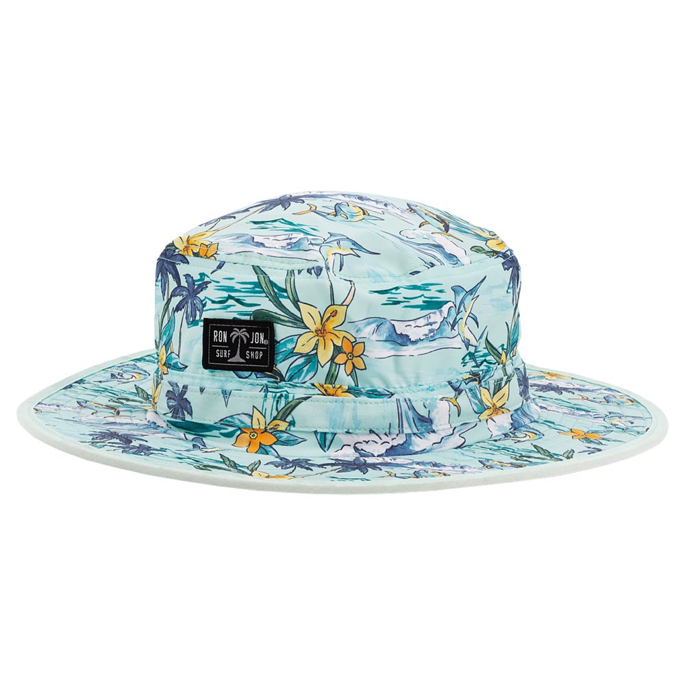 A light blue bucket hat with a tropical floral print featuring palm trees, fish, and flowers.
