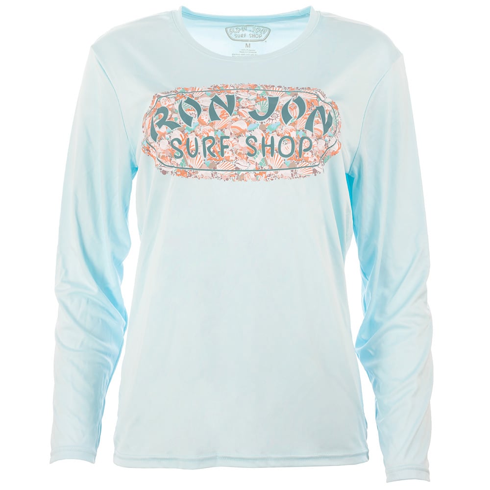 A light blue long-sleeve shirt with Ron Jon Surf Shop logo and floral design printed on the front.