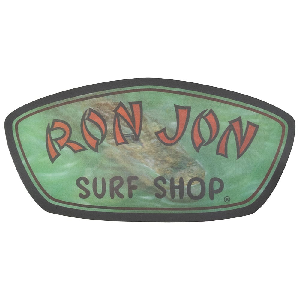 Ron Jon Surf Shop logo featuring red text on a green background with a stylized aligator pattern.