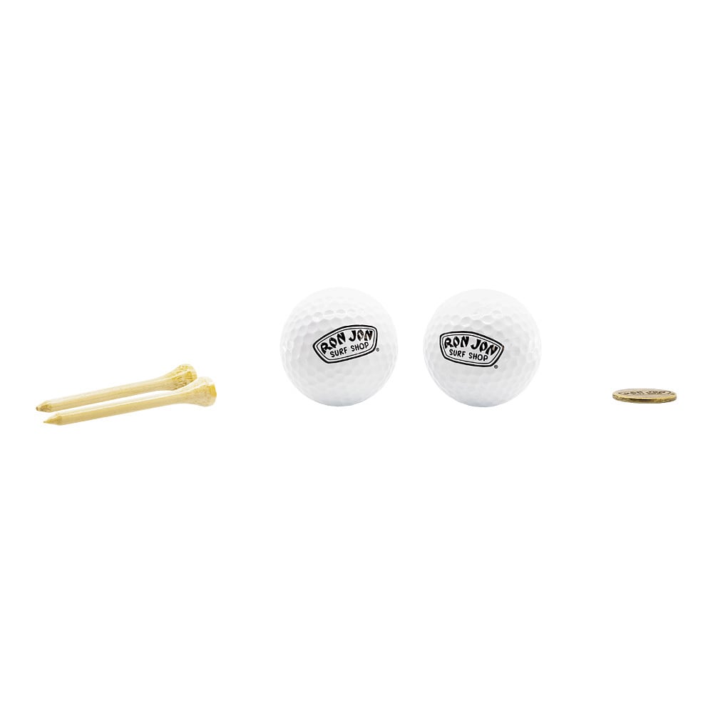 Two wooden golf tees, two white golf balls with logos, and a round coin-like marker are arranged in a row on a white background.