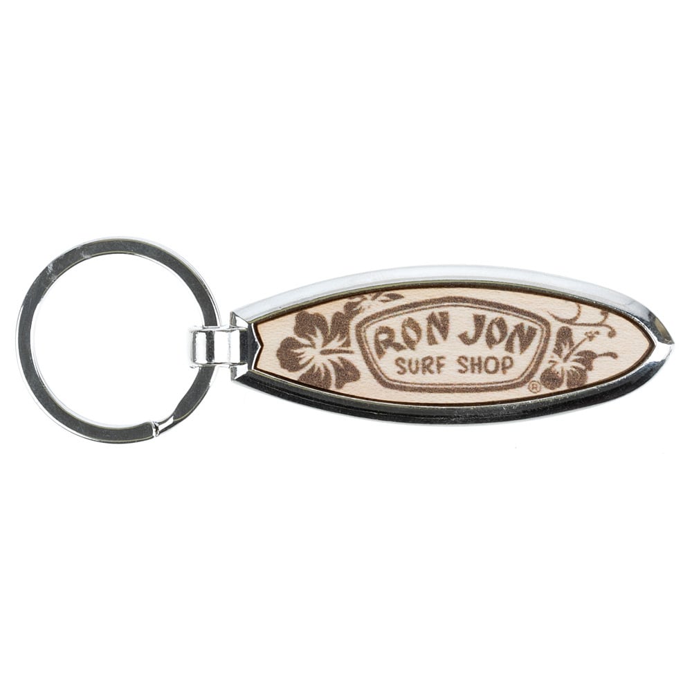 A keyring with an oval-shaped wooden tag engraved with Ron Jon Surf Shop and floral designs.