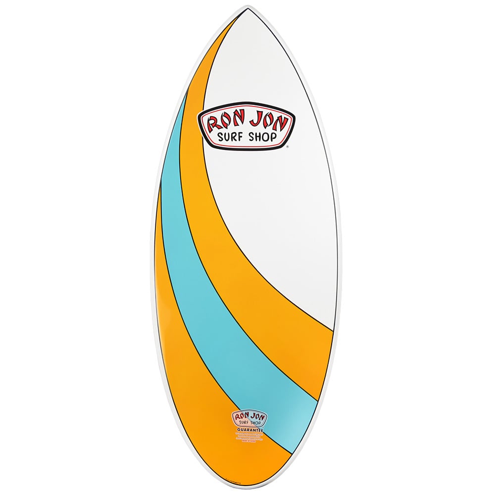 White skimboard with Ron Jon Surf Shop logo, featuring curved orange and blue stripes, and a pointed nose and tail.