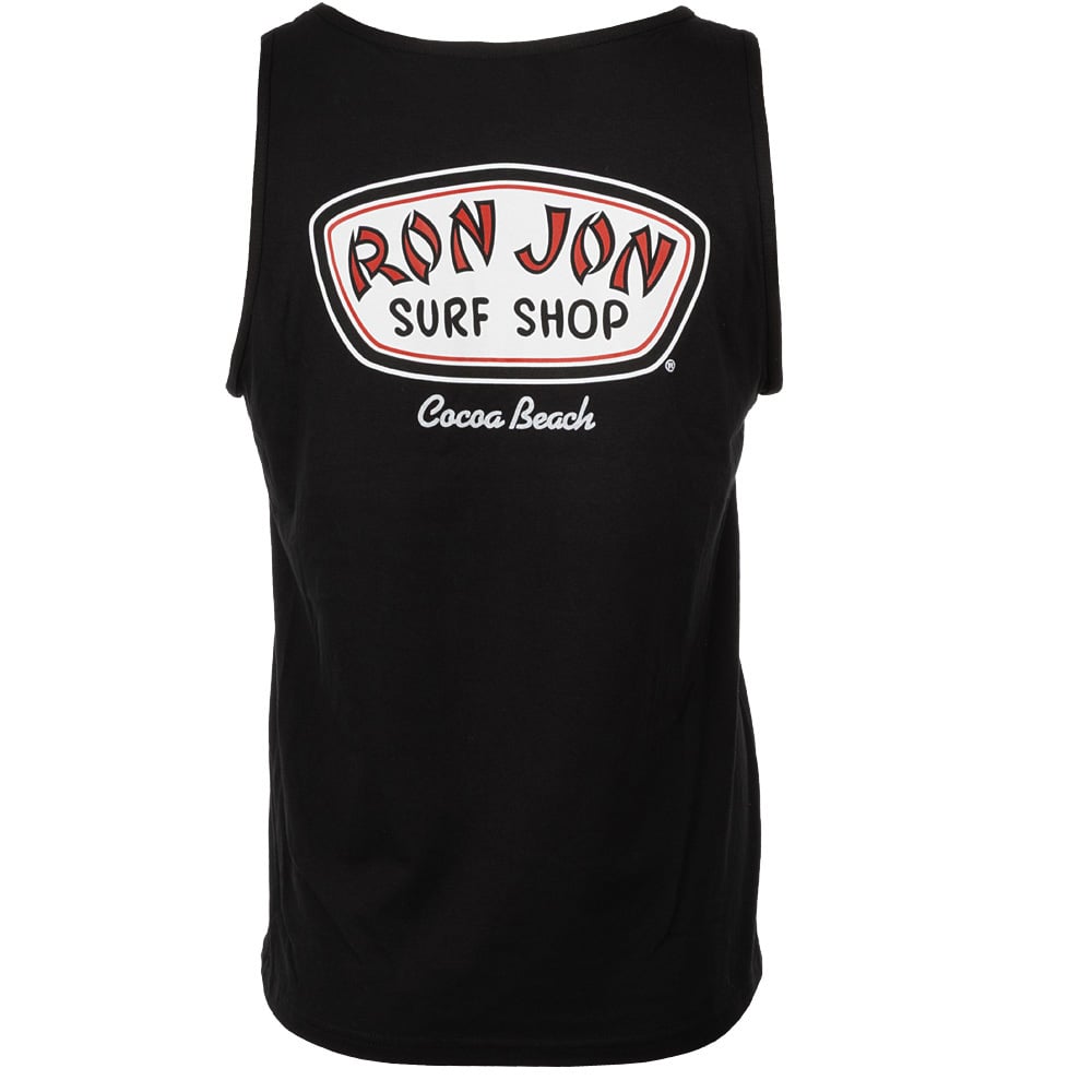 Black tank top featuring a large Ron Jon Surf Shop logo and Cocoa Beach text on the back.