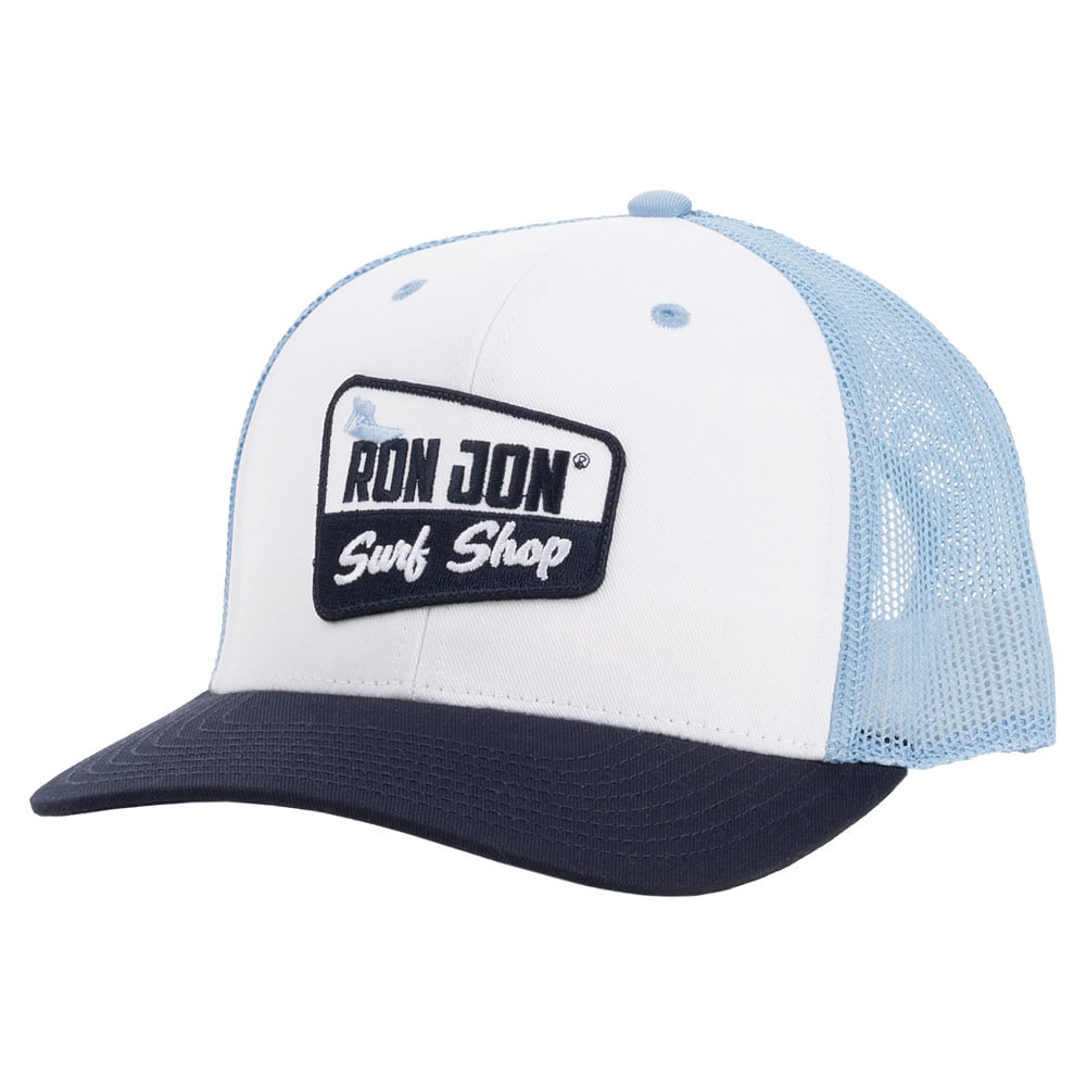 Blue and white trucker hat with Ron Jon Surf Shop logo patch on the front.