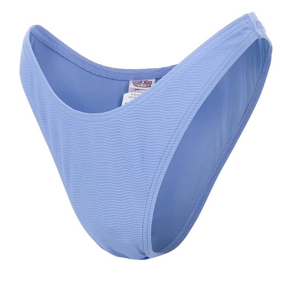 A pair of light blue bikini bottoms with a subtle wavy pattern and an inner label visible.