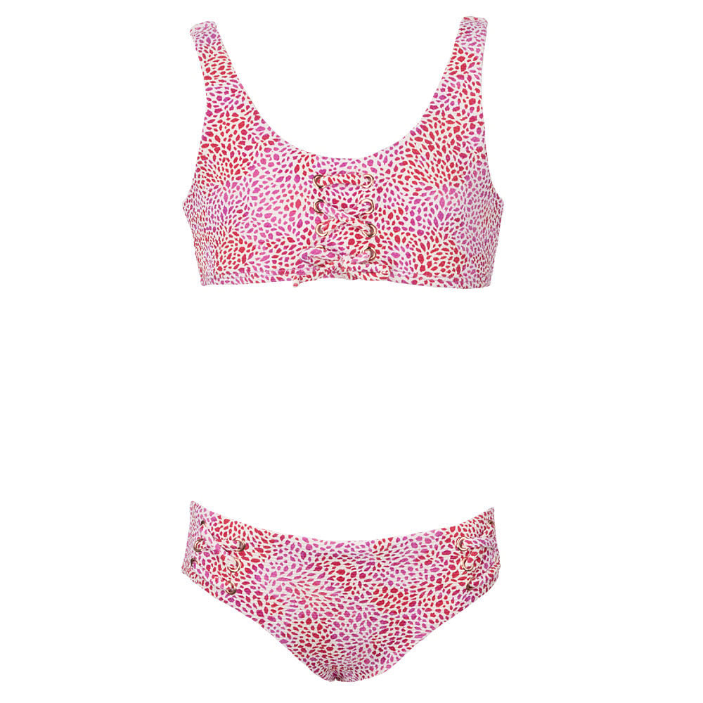 Pink and red spotted print bikini set with a lace-up front detail on the top and matching bottoms, displayed on a white background.